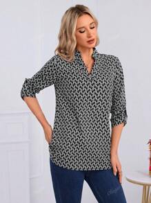 Blusa De Manga Enrollada De Cuello V Para Mujer,Blusas De Cuello De Pico Larga Con Estampado Integral