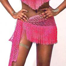 Women Tassel Belly Dance Hip Scarf Hollow Out Tie Up Triangle Waist Belt Skirt Summer Beach Cover Up - Multicolor - View 10