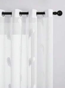 1pc White Feather Curtain With Top Ring Design, Semi-Transparent Sheer Curtain With Feather Embroidery Punch-Hole, Suitable For Bedroom, Living Room/Balcony, Countryside, Ranch Gifts Birthday Graduation