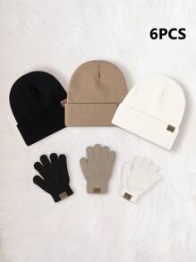 Set de 6 piezas: Gorro de punto de unicolor + Guantes sin dedos de unicolor, Gorro de invierno casual a prueba de frío para niños y niñas, adecuado para uso diario - negro+blanco+beige - Ver 7