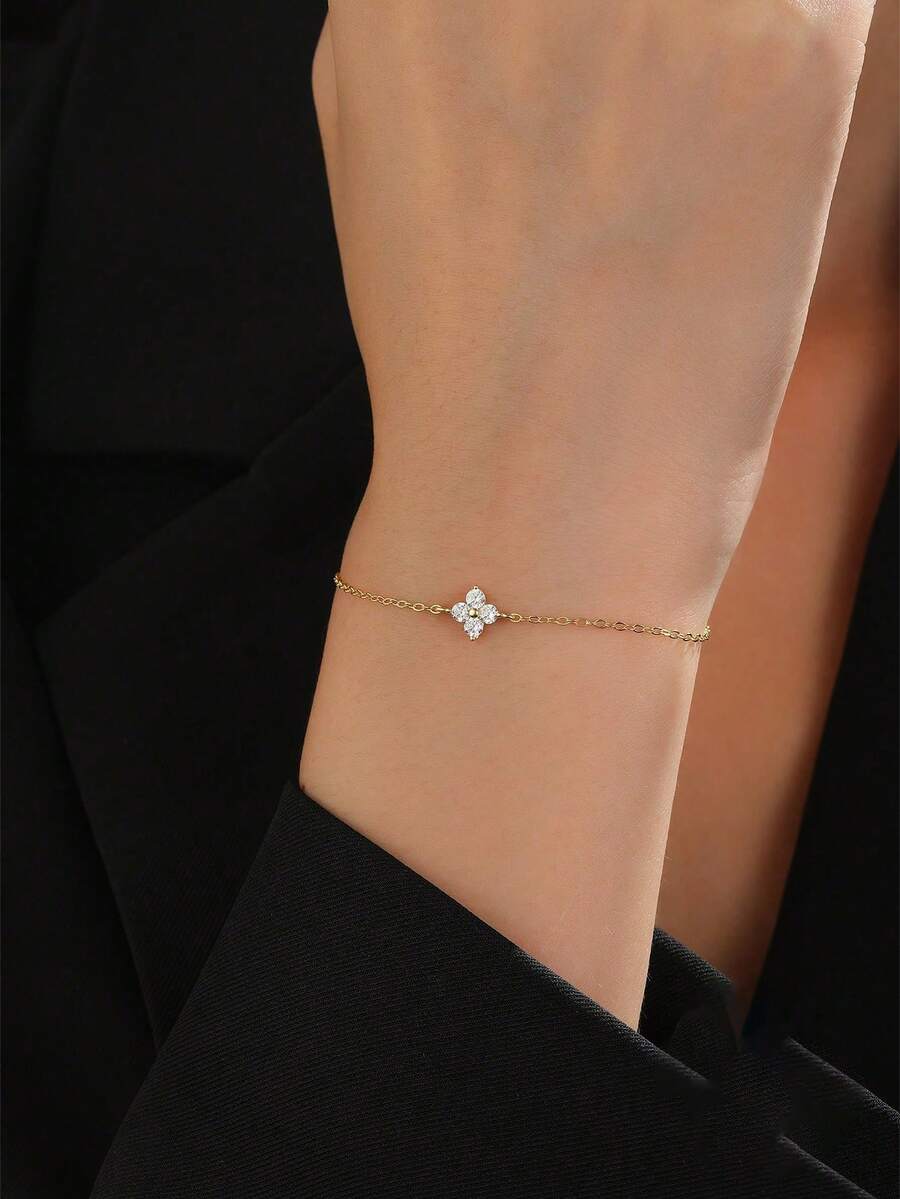 1 chiếc vòng tay cỏ bốn lá đính đá Sterling Silver 925, thiết kế tối giản thời trang để đeo hàng ngày, quà tặng trang sức ngày lễ/kỷ niệm - Vàng - Xem 1