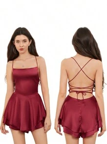 Women Solid Color Cami Playsuits Cowl Neck Sleeveless Short Jumpsuits Summer Cross Tie-Up Backless Romper Clubwear - Red - View 6