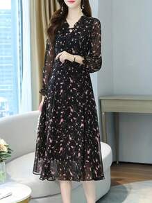 女士碎花雪纺连衣裙，V领系带长袖中长裙，优雅束腰连衣裙，女士连衣裙，女士连衣裙 - 黑色 - 查看 3