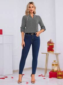 Blusa De Manga Enrollada De Cuello V Para Mujer,Blusas De Cuello De Pico Larga Con Estampado Integral