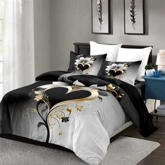 3PCS Soft And Comfortable Heart Flower Pattern Print Duvet Cover Set (1*Duvet Cover + 2*Pillowcase, Without Core),Soft, Comfortable, And Cozy Bedding Bedding For Bedroom And Guest Room,Ideal For Home And Dorm Decor, Hypoallergenic, And Easy Care,For All Seasons