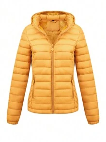 Women's Minimalist Hooded Padded Coat With Pockets, Puffer Jacket For Fall/Winter - Yellow - View 4