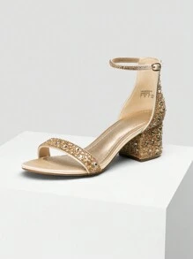 Women Rhinestone Chunky Low Heeled Sandals Glamorous Ankle Strap Open Toe Heeled Sandals, For Halloween Christmas Party Prom Fall - Gold - View 2