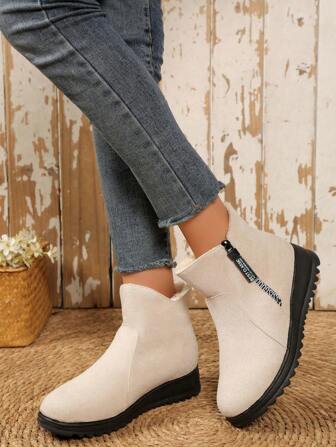 Autumn And Winter White And Ankle Boots Zipper Round Toe Women's Short Boots Snow Boots Non-Slip Shoes With Velvet And Thick Platform Boots Warm Fur One Snow Boots