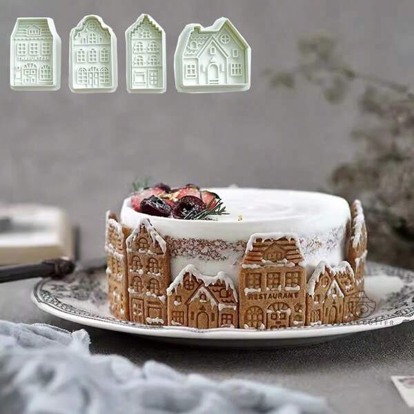 4Pcs Christmas Gingerbread House Pattern Cookie Cutter Mold Snowflake Biscuit Stamp Fondant Cake Decoration Baking Accessories Kitchen Gadgets Christmas Christmas Decorations Christmas Pajamas Christmas Gifts Christmas Decor