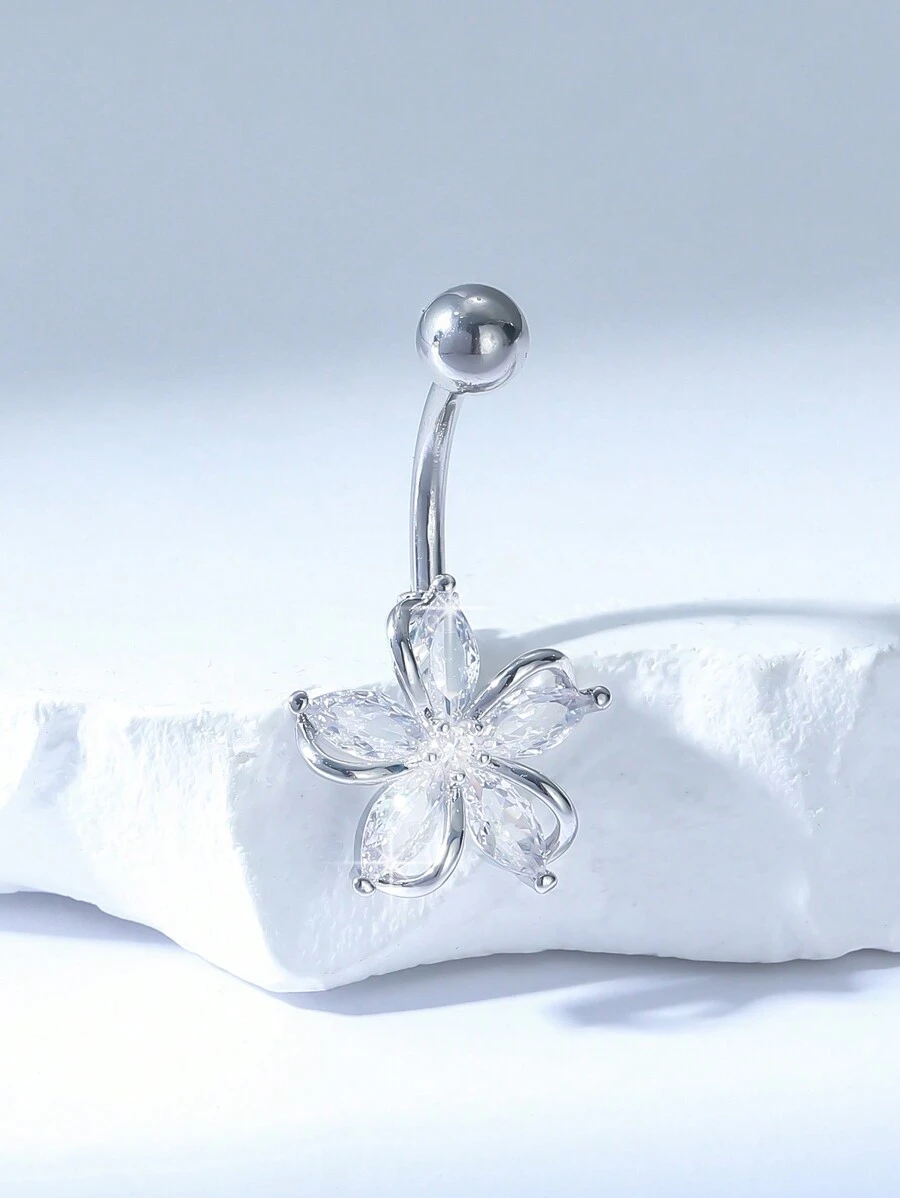 1pc Copper Plated Silver Dazzling Flower Zirconia Ornament Belly Button Ring, Suitable For Ladies Party & Event Decoration Valentines