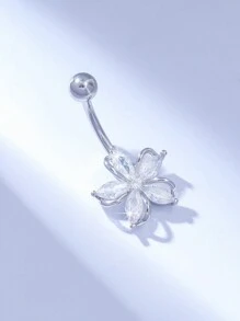 1pc Copper Plated Silver Dazzling Flower Zirconia Ornament Belly Button Ring, Suitable For Ladies Party & Event Decoration Valentines