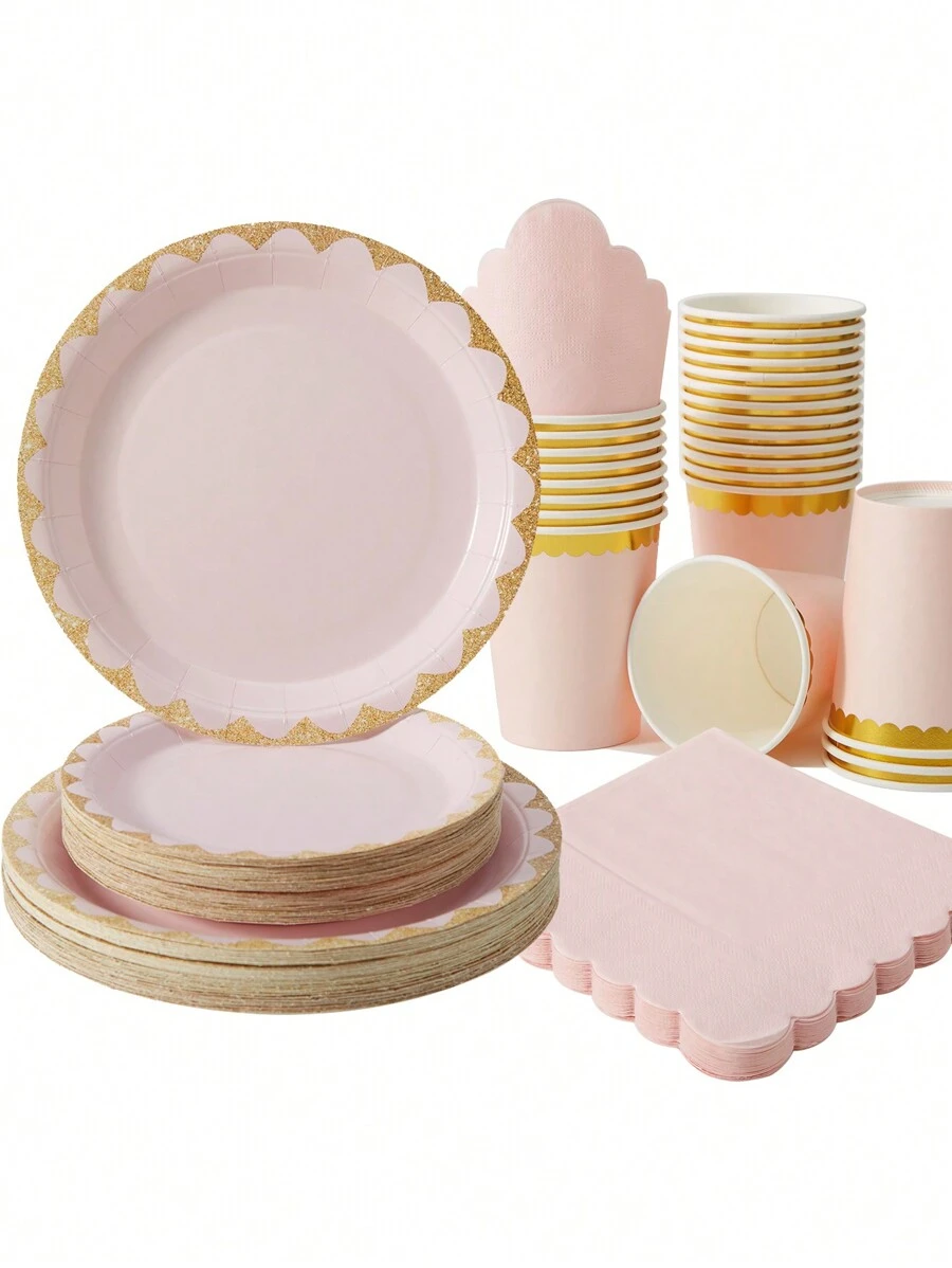 Bộ 25 chiếc đĩa giấy hoa màu hồng nhạt và vàng, khăn ăn và cốc, đồ dùng dùng một lần cho tiệc sinh nhật, đám cưới, tiệc tùng, dã ngoại gia đình - Nhiều màu - Xem 1
