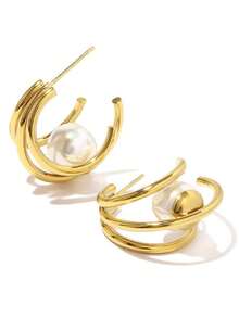 1 对奢华法式仿珍珠镶嵌时尚优雅几何设计女士耳环，个性化珠宝 - 金黃色 - 查看 7