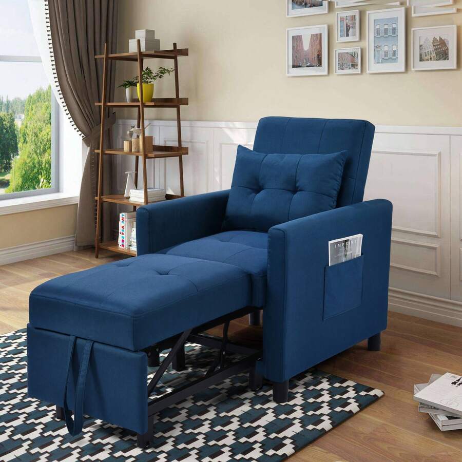 3-In-1 Foldable Futon Sofa Bed With Adjustable Backrest, Single Sleeper Sofa With Pull-Out Mattress, Foldable Futon Chair For Living Room, Side Pockets And 1 Lumbar Pillow, In Dark Blue - 霧霾藍 - 查看 1