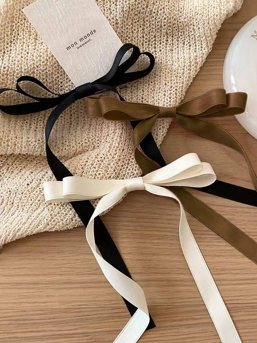 3件套女士时尚优雅休闲街头风24厘米/9.45英寸蝴蝶结长发夹，适合日常、节日、派对佩戴，黑色/米色/驼色爪夹发卡，适合上学、大学、学院风，蝴蝶结，可爱，发饰 - 彩色 - 查看 1