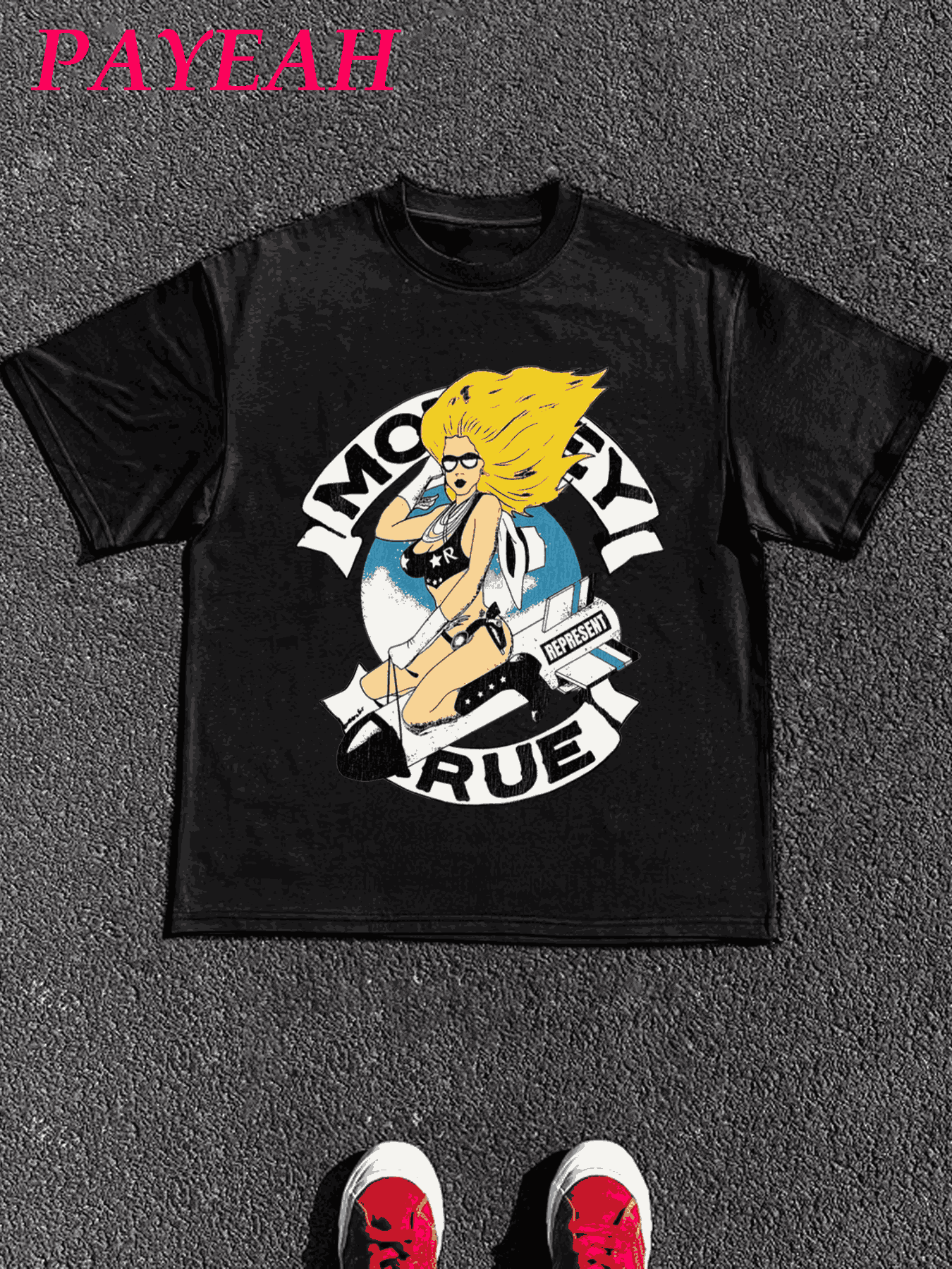 PAYEAH 1 Pcs 100% Cotton Crue Represent Girls T-Shirts  Graphic Print T Shirt  Tops TEE 220g Heavy Cotton T Shirt - 黑色 - 查看 1