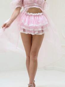 Women Mini Skirt, Elastic High Waist Layered Skirt Summer Lace Trim A-Line Skirt For Party - 粉色 - 查看 3