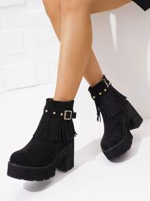 Women Fashion Casual Vacation Minimalist Platform Thick Heel Ankle Boots, Autumn/Winter - Black - View 1