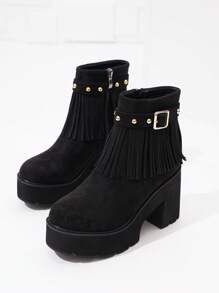 Women Fashion Casual Vacation Minimalist Platform Thick Heel Ankle Boots, Autumn/Winter - Black - View 5