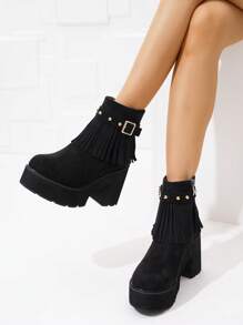 Women Fashion Casual Vacation Minimalist Platform Thick Heel Ankle Boots, Autumn/Winter - Black - View 2