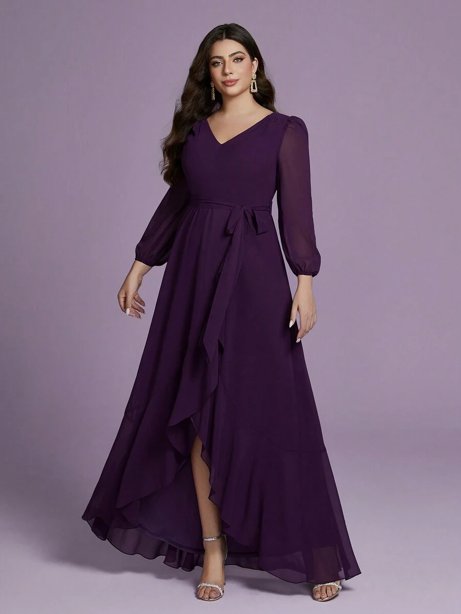 大码 Mgiacyv V 领长袖腰带荷叶边下摆雪纺连衣裙，伴娘礼服