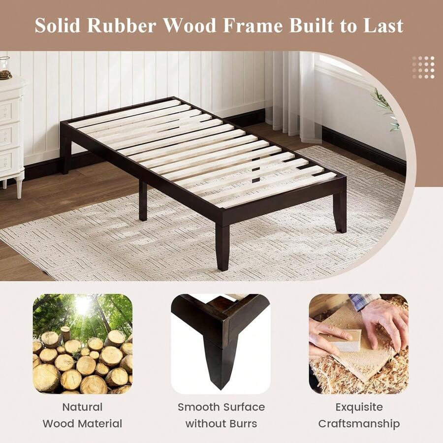 King Wood Platform Bed Frame, 14 Inch Solid Rubber Wood Mattress