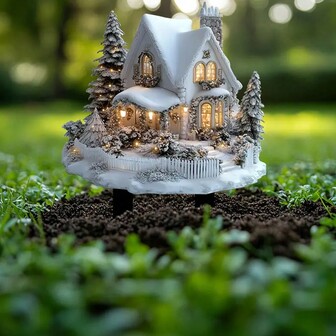 1 件，迷人的雪景圣诞屋和树庭院艺术亚克力花园桩，11.8 英寸 X 9.8 英寸，波西米亚风户外艺术，非常适合花盆、草坪和庭院多用途装饰，是盆栽爱好者的最佳礼物，花园配件，花园装饰