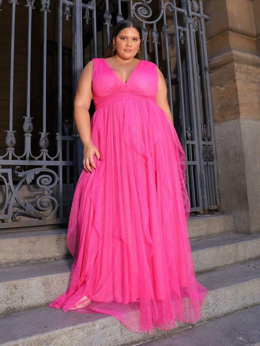 LONG WEDDING PARTY DRESS BRIDESMAIDS CASCADE SKIRT TULLE WITH SHINE PLUS SIZE - Màu Hồng Tươi - Xem 1
