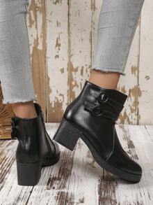 女士新款秋冬英伦风扣环真皮短靴，舒适不疲劳侧拉链中跟靴 - 黑色 - 查看 5