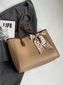 1 pieza Bolso de mano grande de estilo vintage, sencillo y casual, con capacidad amplia, decorado con bufanda de color liso y PU, adecuado para mujer y viaje. Bolso de mujer con lazo de moda para San Valentín.