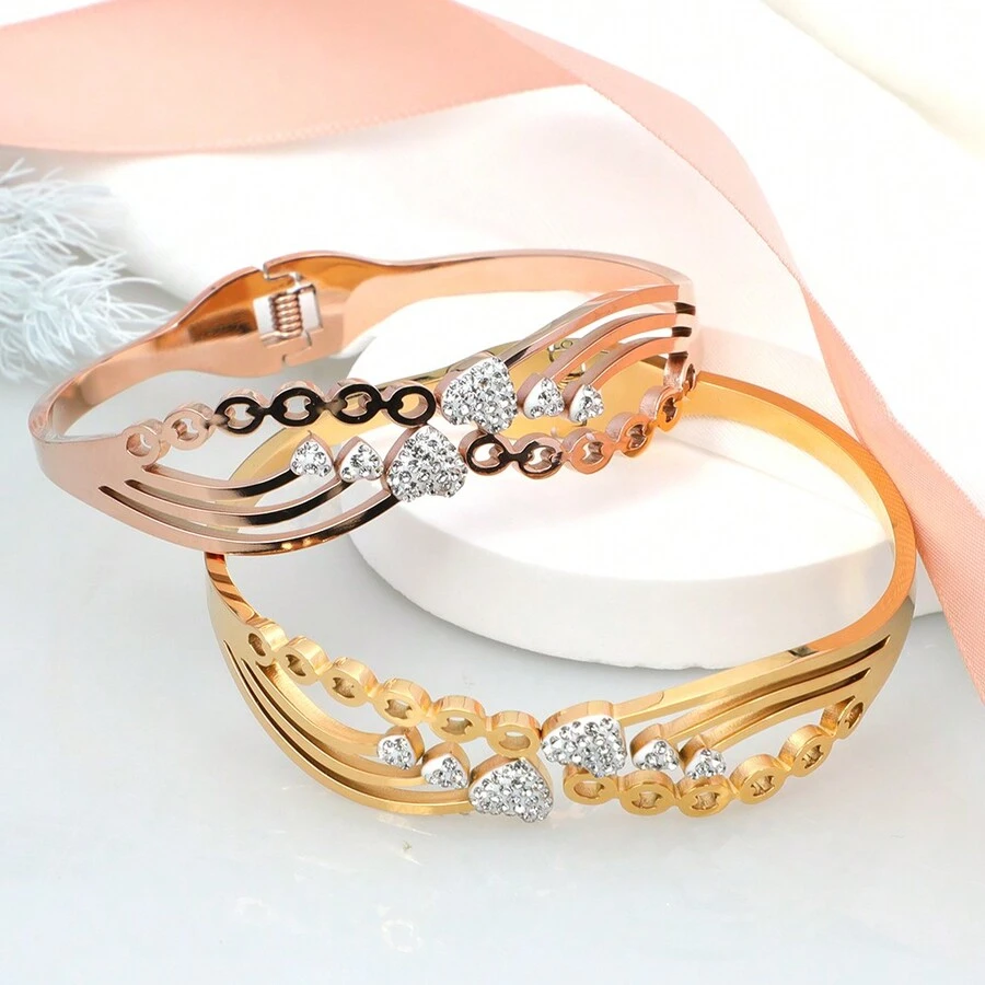 1 chiếc vòng tay rỗng bằng thép titan mạ vàng hồng 18K hình trái tim đính đá Rhinestone, vòng tay hình bầu dục đẹp thời trang, món quà tuyệt vời nhất cho bạn gái/em gái, sinh nhật/giáng sinh - Món quà ngày lễ đẹp nhất - Xem 1