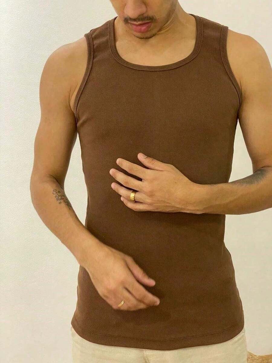 Men's American Style Ribbed Knit Tank Top - 巧克力棕 - 查看 1