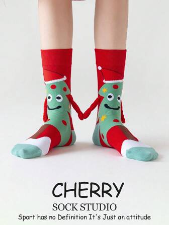 1 par de calcetines magnéticos de pareja con estilo navideño, calcetines lindos que se pegan automáticamente, de longitud media hasta el tobillo de color blanco