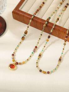 Bộ 2 chiếc/Bộ vòng cổ hạt thủ công với pha lê cổ điển, đá lòng đỏ trứng, mã não đỏ dành cho phụ nữ, thích hợp cho mùa thu và mùa đông - hạt - Xem 2