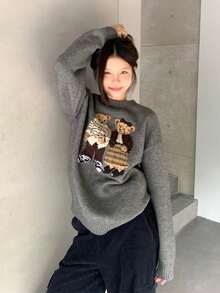 Vintage Cartoon Jacquard Knit Sweater,Long Sleeve Tops