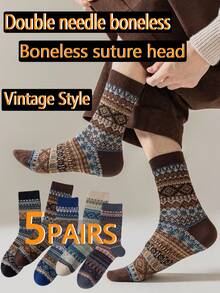 5 双男士秋冬袜子，中筒，吸湿排汗，防臭，复古图案设计，双针双线无缝，厚实保暖抗菌袜子，适合日常穿着 - 復古深色系組合 - 查看 13