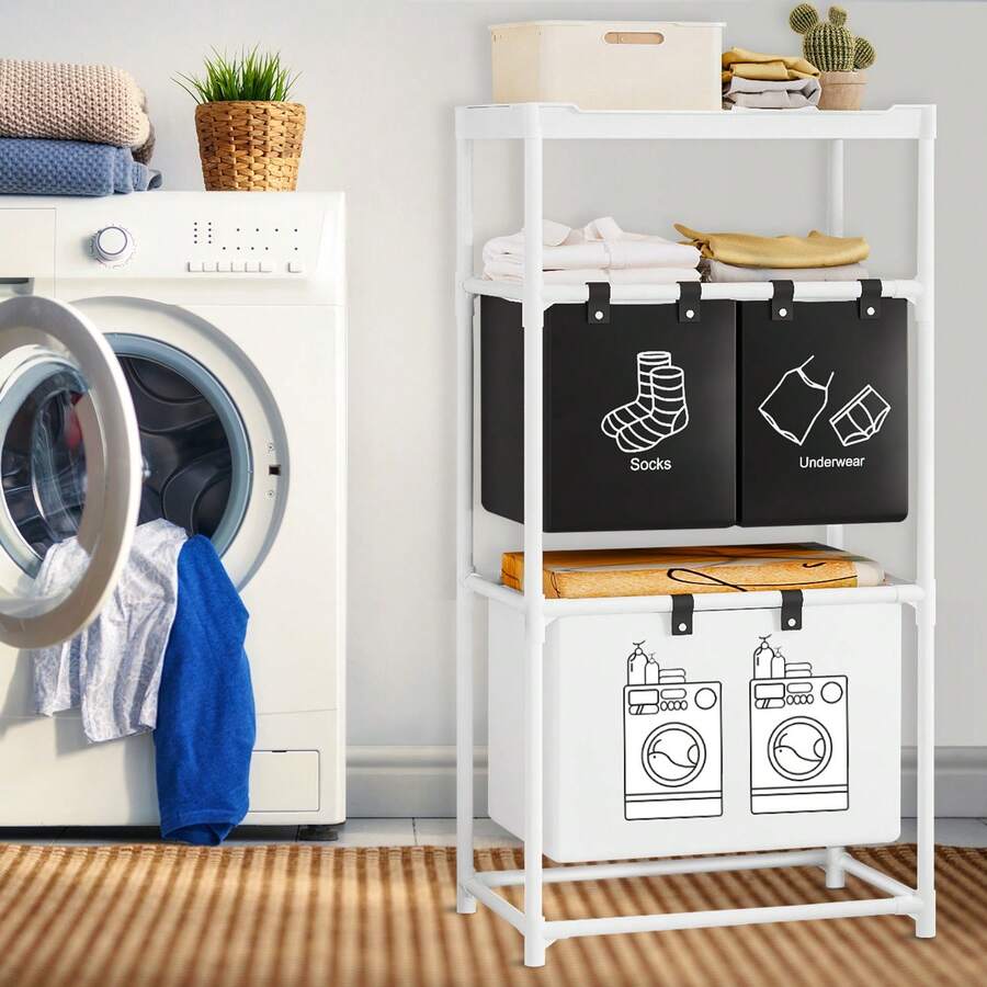 Cesto Ropa Sucia, Almacenamiento y Organizador de Lavandería de 3 Capas, con 4 Bolsas Extraíbles - Blanco - Ver 1
