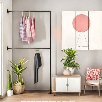 1 PIEZA Perchero de ropa de tubo industrial negro, montado en la pared, estantería de almacenamiento de ropa para el hogar, barras de armario para colgar ropa, perchero de pared para secar ropa, perchero de almacenamiento de ropa para el Día de San Valentín, para dormitorio, lavandería, tiendas de ropa, suministros esenciales de almacenamiento de ropa para el hogar