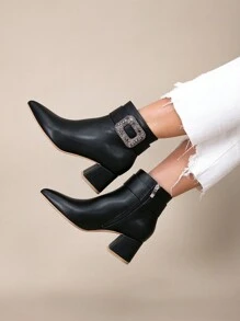 European And American Style Black Leather Point Toe Chunky Heel Ankle Boots With Side Zipper For Women, Autumn/Winter