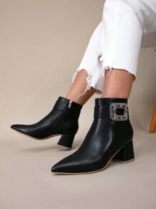 European And American Style Black Leather Point Toe Chunky Heel Ankle Boots With Side Zipper For Women, Autumn/Winter
