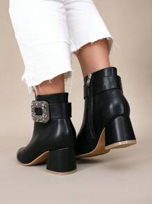 European And American Style Black Leather Point Toe Chunky Heel Ankle Boots With Side Zipper For Women, Autumn/Winter