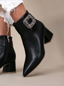 European And American Style Black Leather Point Toe Chunky Heel Ankle Boots With Side Zipper For Women, Autumn/Winter
