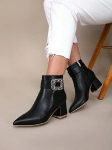 European And American Style Black Leather Point Toe Chunky Heel Ankle Boots With Side Zipper For Women, Autumn/Winter