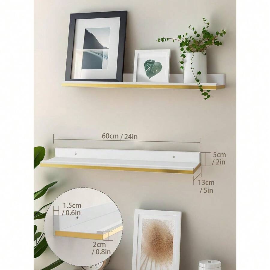 Floating Shelves For Wall 60cm, White And Gold Wall Mounted Shelf With
