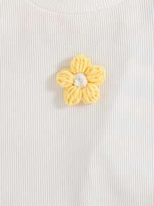 Set de 3 piezas de blusa floral de manga corta acanalada informal + camisa acanalada de color para niña joven - Amarillo - Ver 4