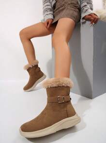 Giày bốt đi tuyết thoải mái thường ngày cho nữ, mũi tròn, khóa kéo bên hông, nhẹ, đế bằng, vải chống thấm nước, giày bốt ngắn đa năng dùng cho áo khoác phao, váy, quần, giày bốt mùa đông mới bằng vải chống thấm nước màu nâu, giày bốt vải nhung dày ấm áp, giày bốt thoải mái cho nữ có miệng bông, giày bốt đi tuyết - màu nâu - Xem 1