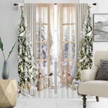 2pcs Christmas, Christmas Tree, Reindeer Plush Decor, Flat Print Voile Curtains, Rod Pocket Top, Quality Polyester Fabric, Thick & Durable, Washable, Fade-Resistant, Warm & Cute Christmas Home Decor, Suitable For Bedroom, Living Room, Kitchen, Office, Party