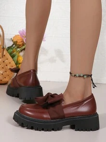 女士圆头厚底靴，带蝴蝶结装饰，时尚一脚蹬乐福鞋，休闲又时尚 - 酒紅色 - 查看 2
