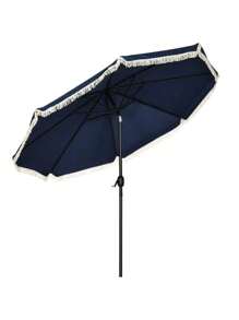 Outsunny 9ft Patio Umbrella With Push Button Tilt And Crank, Ruffled Outdoor Market Table Umbrella With Tassles And 8 Ribs, For Garden, Deck, Pool, Dark Blue,CozyNest9