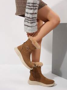 Giày bốt đi tuyết thoải mái thường ngày cho nữ, mũi tròn, khóa kéo bên hông, nhẹ, đế bằng, vải chống thấm nước, giày bốt ngắn đa năng dùng cho áo khoác phao, váy, quần, giày bốt mùa đông mới bằng vải chống thấm nước màu nâu, giày bốt vải nhung dày ấm áp, giày bốt thoải mái cho nữ có miệng bông, giày bốt đi tuyết - màu nâu - Xem 4